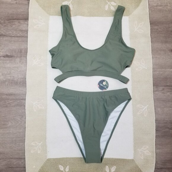 Blooming Jelly Other - Blooming Jelly Women L 2-Piece Green High Waisted Halter Crop Top Bikini Swimsui